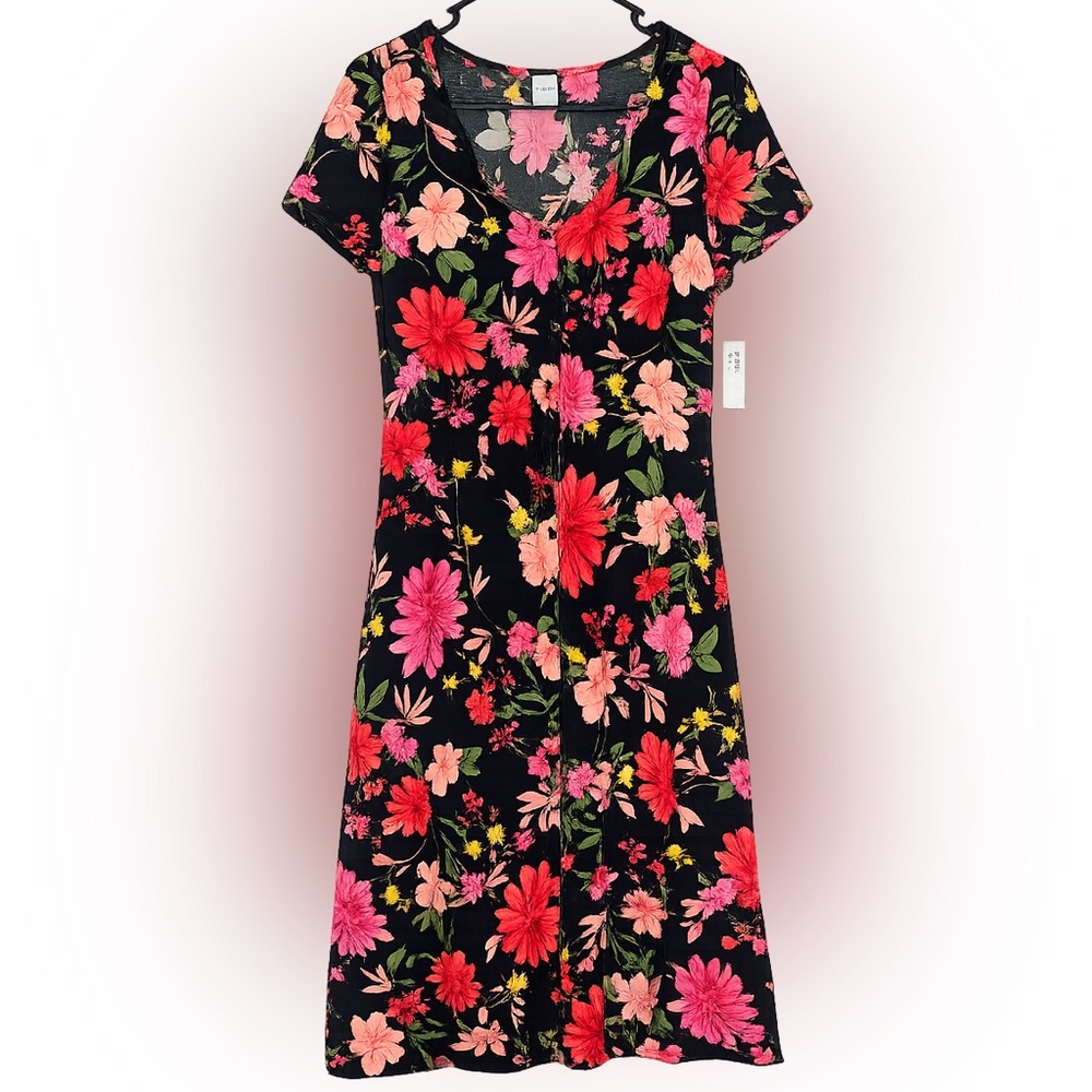 Old Navy Floral Midi Dress Size L Short Sleeve Button Front NWT